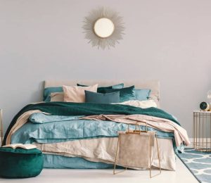 Blue, Beige and Emerald Green Double Size Bed — Furniture Shop in Gladstone, QLD